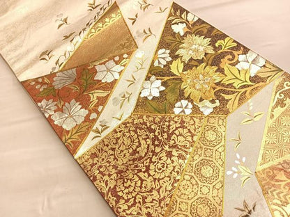 平和屋着物◎太鼓柄袋帯 駒刺繍 有職更紗花文 金糸 引箔 正絹 逸品 BAAQ4136du