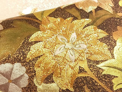 平和屋着物◎太鼓柄袋帯 駒刺繍 有職更紗花文 金糸 引箔 正絹 逸品 BAAQ4136du