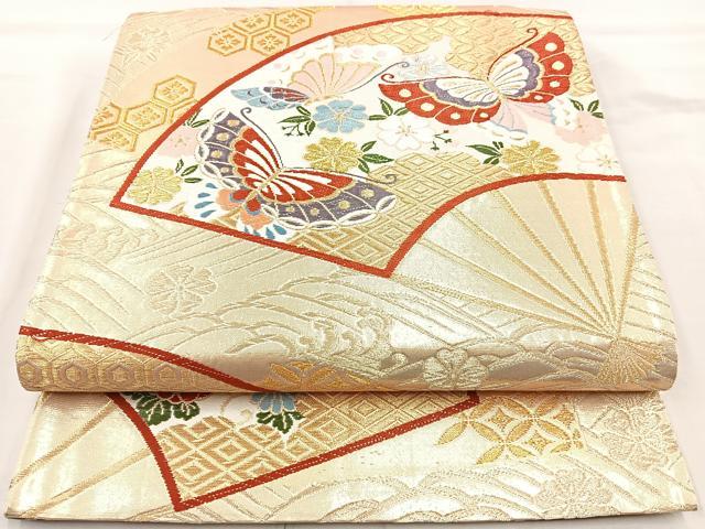 平和屋着物◎六通柄袋帯 唐織 扇花蝶文 金糸 正絹 逸品 BAAQ9576cm