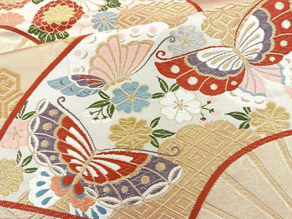 平和屋着物◎六通柄袋帯 唐織 扇花蝶文 金糸 正絹 逸品 BAAQ9576cm