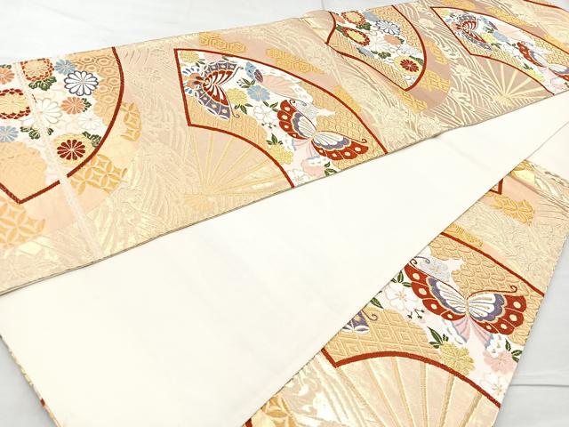 平和屋着物◎六通柄袋帯 唐織 扇花蝶文 金糸 正絹 逸品 BAAQ9576cm