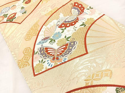 平和屋着物◎六通柄袋帯 唐織 扇花蝶文 金糸 正絹 逸品 BAAQ9576cm