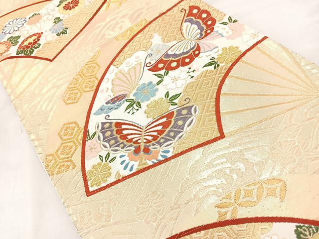 平和屋着物◎六通柄袋帯 唐織 扇花蝶文 金糸 正絹 逸品 BAAQ9576cm