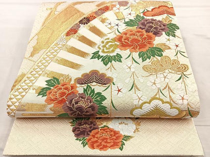 平和屋着物◎六通柄袋帯　唐織　片輪車草花文　金糸　正絹　逸品　BAAQ9807cm