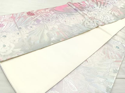 平和屋着物◎六通柄袋帯 草花文 銀糸 正絹 逸品 BAAQ9806cm