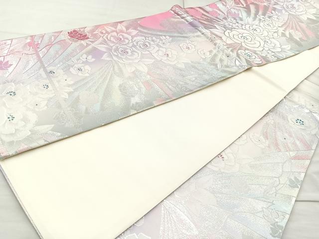 平和屋着物◎六通柄袋帯 草花文 銀糸 正絹 逸品 BAAQ9806cm