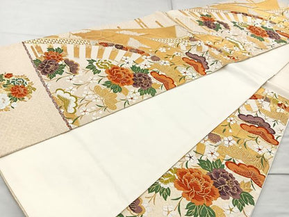 平和屋着物◎六通柄袋帯　唐織　片輪車草花文　金糸　正絹　逸品　BAAQ9807cm