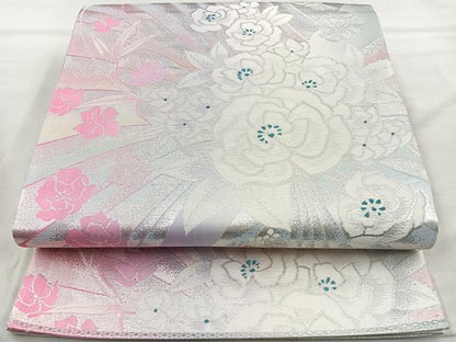 平和屋着物◎六通柄袋帯 草花文 銀糸 正絹 逸品 BAAQ9806cm