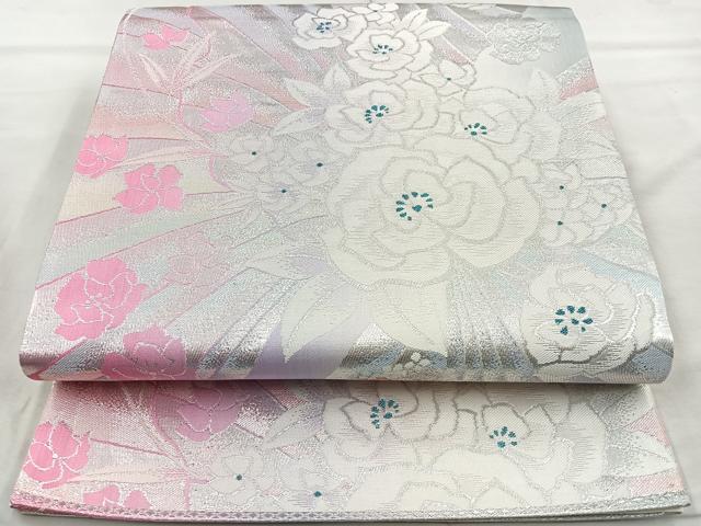平和屋着物◎六通柄袋帯 草花文 銀糸 正絹 逸品 BAAQ9806cm