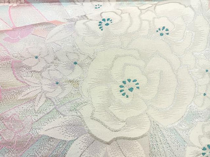 平和屋着物◎六通柄袋帯 草花文 銀糸 正絹 逸品 BAAQ9806cm