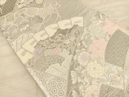 平和屋着物◎六通柄袋帯 唐織 檜扇草花文 プラチナ箔二重織 銀糸 正絹 逸品 BAAQ4233du