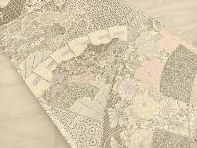 平和屋着物◎六通柄袋帯 唐織 檜扇草花文 プラチナ箔二重織 銀糸 正絹 逸品 BAAQ4233du