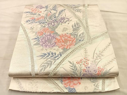 平和屋着物◎六通柄袋帯 唐織 草花文 銀糸 正絹 逸品 BAAQ4232du