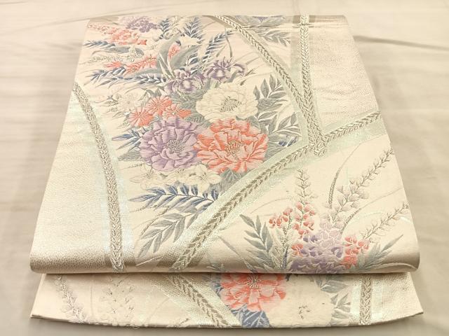 平和屋着物◎六通柄袋帯 唐織 草花文 銀糸 正絹 逸品 BAAQ4232du