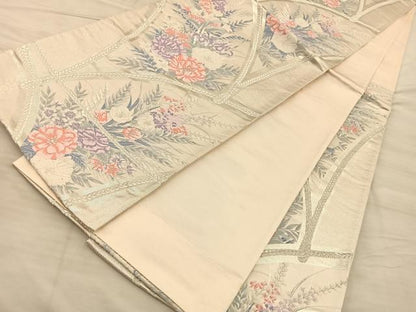 平和屋着物◎六通柄袋帯 唐織 草花文 銀糸 正絹 逸品 BAAQ4232du