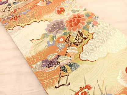 平和屋着物◎六通柄袋帯 唐織 鴛鴦花車文 金銀糸 正絹 逸品 BAAQ4235du