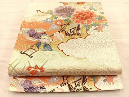 平和屋着物◎六通柄袋帯 唐織 鴛鴦花車文 金銀糸 正絹 逸品 BAAQ4235du