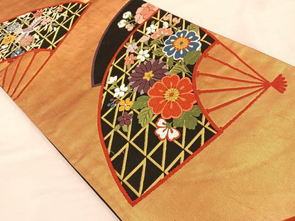 平和屋着物◎六通柄袋帯 能衣扇面散文 黒地 金糸 正絹 逸品 BAAQ4246du