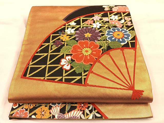 平和屋着物◎六通柄袋帯 能衣扇面散文 黒地 金糸 正絹 逸品 BAAQ4246du