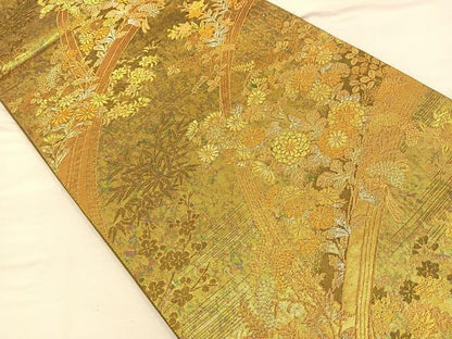 平和屋着物◎六通柄袋帯 蒔絵花垣紋様 金銀糸 引箔 正絹 逸品 BAAQ4262du