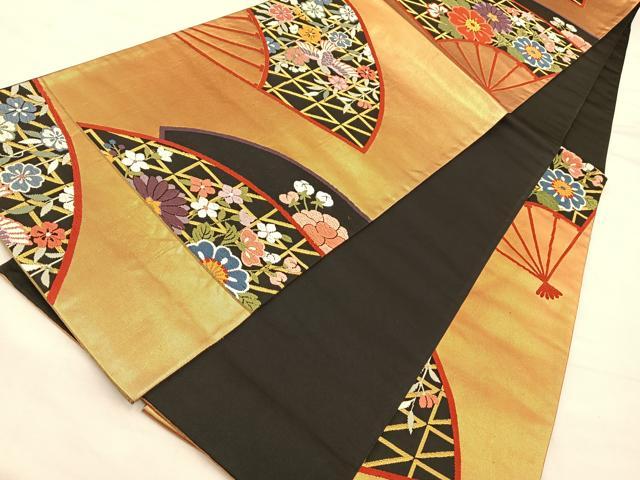 平和屋着物◎六通柄袋帯 能衣扇面散文 黒地 金糸 正絹 逸品 BAAQ4246du