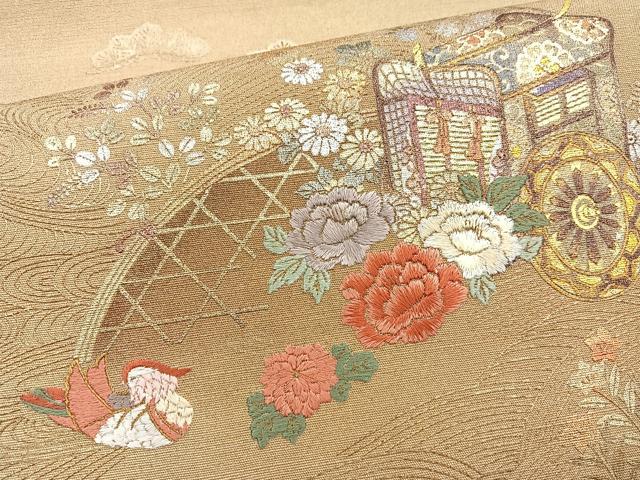 平和屋着物◎太鼓柄袋帯 刺繍 御所車鴛鴦花文 金銀彩 正絹 逸品 BAAQ9819cm