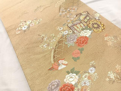 平和屋着物◎太鼓柄袋帯 刺繍 御所車鴛鴦花文 金銀彩 正絹 逸品 BAAQ9819cm
