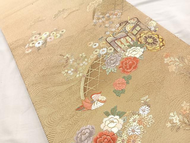 平和屋着物◎太鼓柄袋帯 刺繍 御所車鴛鴦花文 金銀彩 正絹 逸品 BAAQ9819cm
