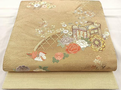 平和屋着物◎太鼓柄袋帯 刺繍 御所車鴛鴦花文 金銀彩 正絹 逸品 BAAQ9819cm
