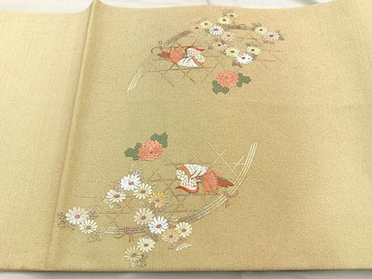 平和屋着物◎太鼓柄袋帯 刺繍 御所車鴛鴦花文 金銀彩 正絹 逸品 BAAQ9819cm