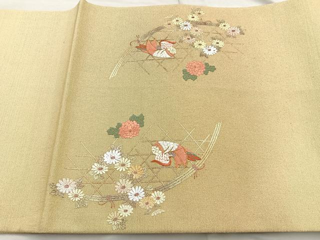 平和屋着物◎太鼓柄袋帯 刺繍 御所車鴛鴦花文 金銀彩 正絹 逸品 BAAQ9819cm