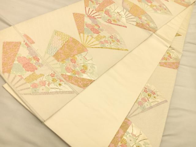 平和屋着物◎六通柄袋帯 唐織 扇面有職草花文 金糸 正絹 逸品 BAAQ4270du