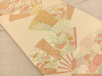 平和屋着物◎六通柄袋帯 唐織 扇面有職草花文 金糸 正絹 逸品 BAAQ4270du
