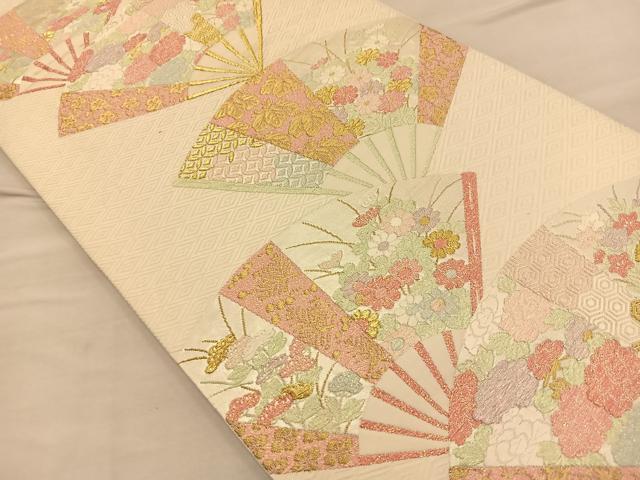平和屋着物◎六通柄袋帯 唐織 扇面有職草花文 金糸 正絹 逸品 BAAQ4270du