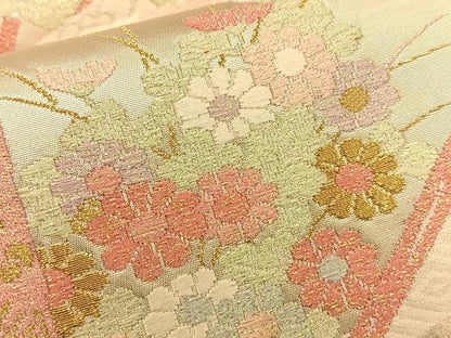平和屋着物◎六通柄袋帯 唐織 扇面有職草花文 金糸 正絹 逸品 BAAQ4270du