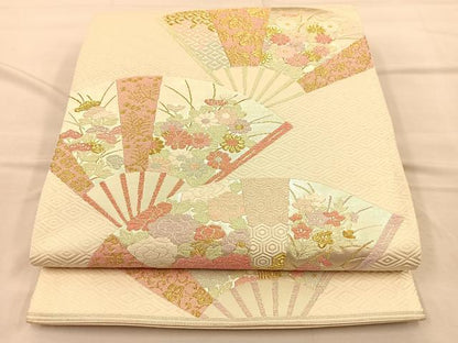 平和屋着物◎六通柄袋帯 唐織 扇面有職草花文 金糸 正絹 逸品 BAAQ4270du