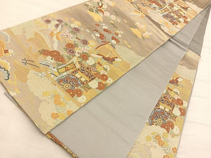 平和屋着物◎六通柄袋帯　飛鶴御所車花文　金糸　正絹　逸品　BAAQ4274du