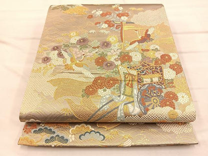 平和屋着物◎六通柄袋帯　飛鶴御所車花文　金糸　正絹　逸品　BAAQ4274du