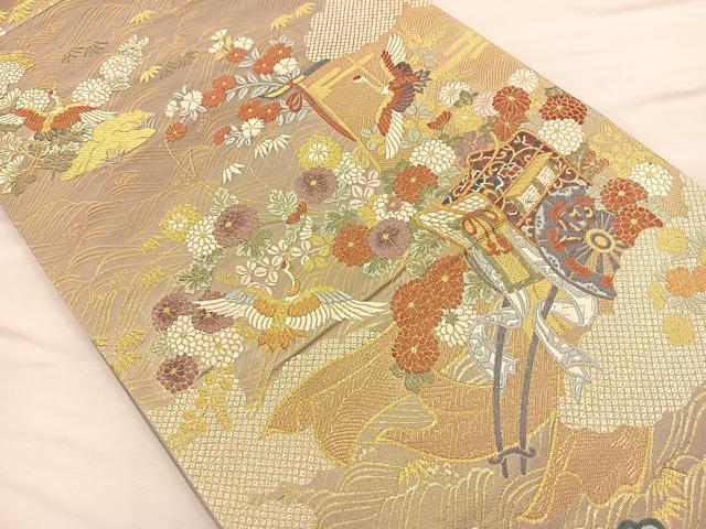 平和屋着物◎六通柄袋帯　飛鶴御所車花文　金糸　正絹　逸品　BAAQ4274du