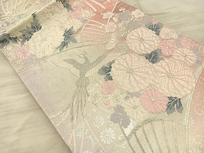 平和屋着物◎六通柄袋帯 唐織 鳳凰扇面草花文 銀糸 正絹 逸品 BAAQ4303du