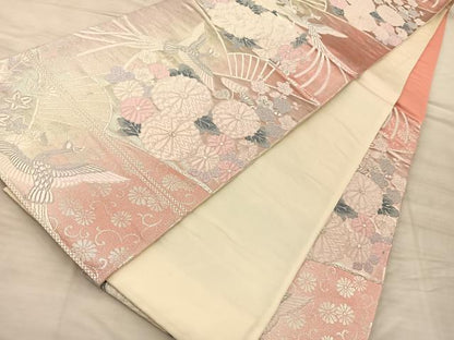 平和屋着物◎六通柄袋帯 唐織 鳳凰扇面草花文 銀糸 正絹 逸品 BAAQ4303du