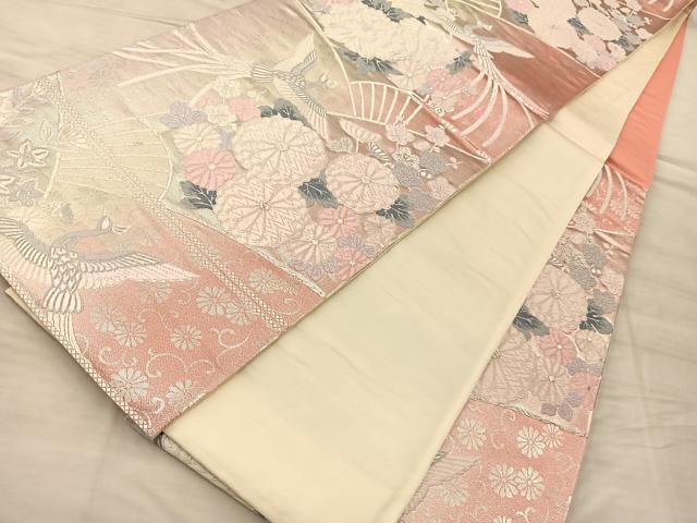 平和屋着物◎六通柄袋帯 唐織 鳳凰扇面草花文 銀糸 正絹 逸品 BAAQ4303du
