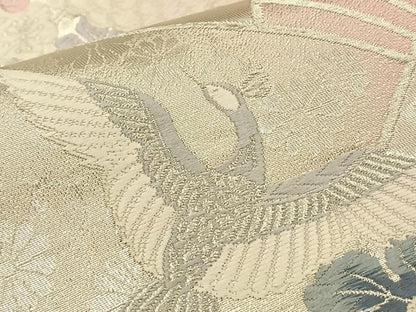 平和屋着物◎六通柄袋帯 唐織 鳳凰扇面草花文 銀糸 正絹 逸品 BAAQ4303du