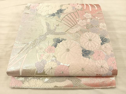平和屋着物◎六通柄袋帯 唐織 鳳凰扇面草花文 銀糸 正絹 逸品 BAAQ4303du