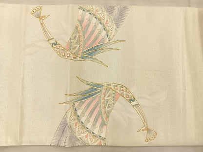 平和屋着物◎太鼓柄袋帯 駒刺繍 孔雀 金銀糸 引箔 正絹 逸品 BAAQ4310du