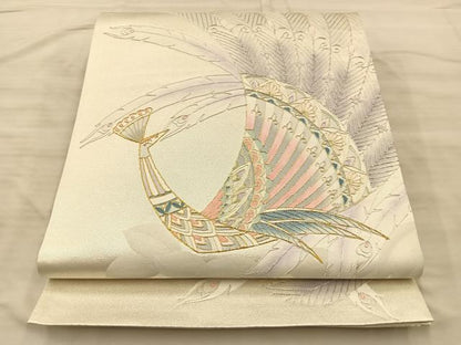 平和屋着物◎太鼓柄袋帯 駒刺繍 孔雀 金銀糸 引箔 正絹 逸品 BAAQ4310du