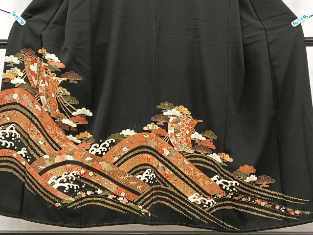 平和屋着物■豪華黒留袖　駒刺繍　遠山風景文　金彩　正絹　逸品　BAAQ8685ow