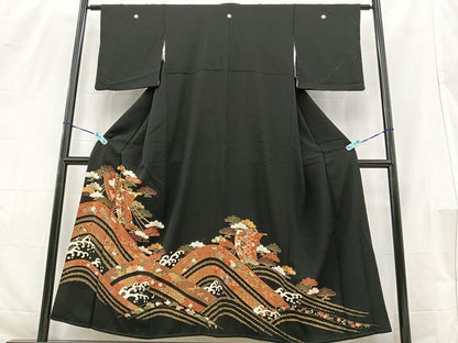 平和屋着物■豪華黒留袖　駒刺繍　遠山風景文　金彩　正絹　逸品　BAAQ8685ow
