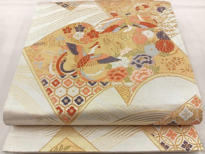 平和屋着物◎六通柄袋帯 唐織 冊子鳳凰花文 金銀糸 正絹 逸品 BAAR2808cm