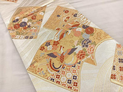 平和屋着物◎六通柄袋帯 唐織 冊子鳳凰花文 金銀糸 正絹 逸品 BAAR2808cm
